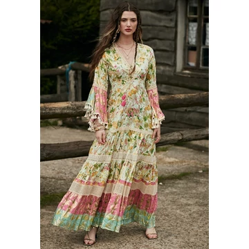 Last Qeen romantikus, bohém, mercerizált viszkóz anyagú, virágmintás extra maxiruha