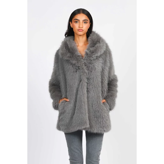 NAF NAF szürke színű középhosszú szabású sálgalléros bunda