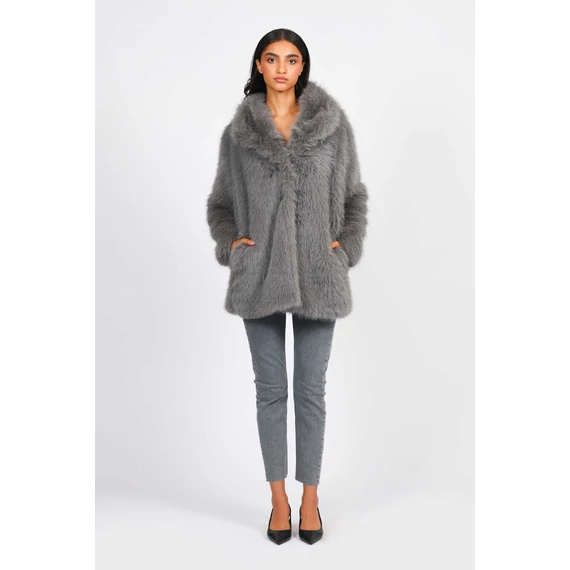 NAF NAF szürke színű középhosszú szabású sálgalléros bunda