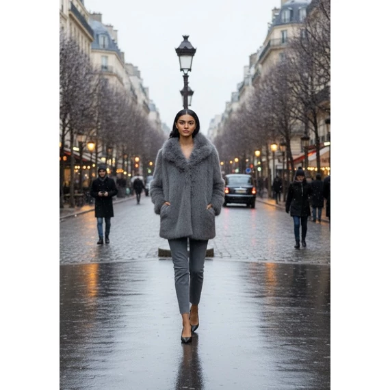 NAF NAF szürke színű középhosszú szabású sálgalléros bunda