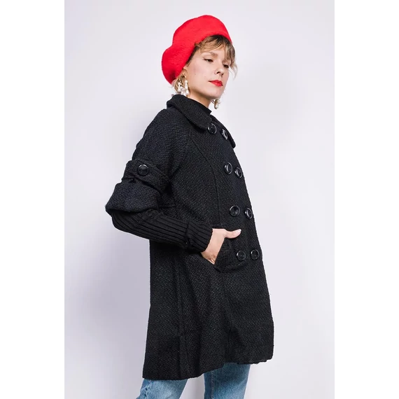 LULU H Paris fekete gyapjú keverék kabát, kötött ujjal